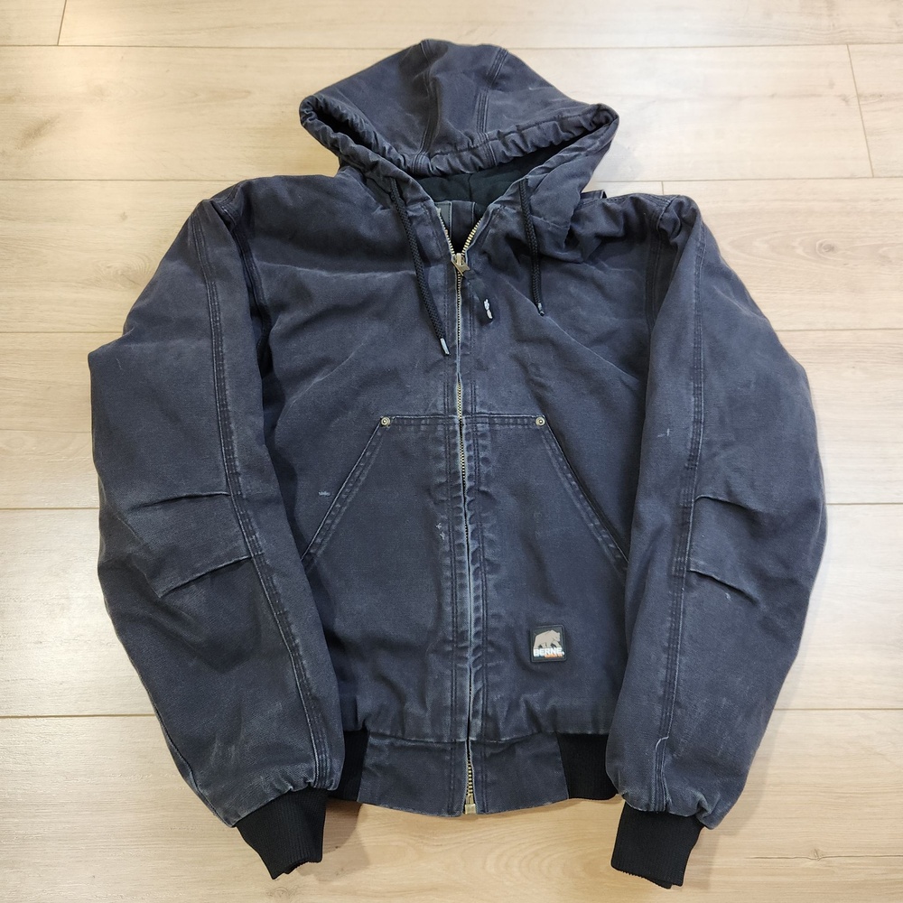 Berne Jacket Mens Medium Black Hooded Canvas Quilted Bomber Workwear HJ375BK